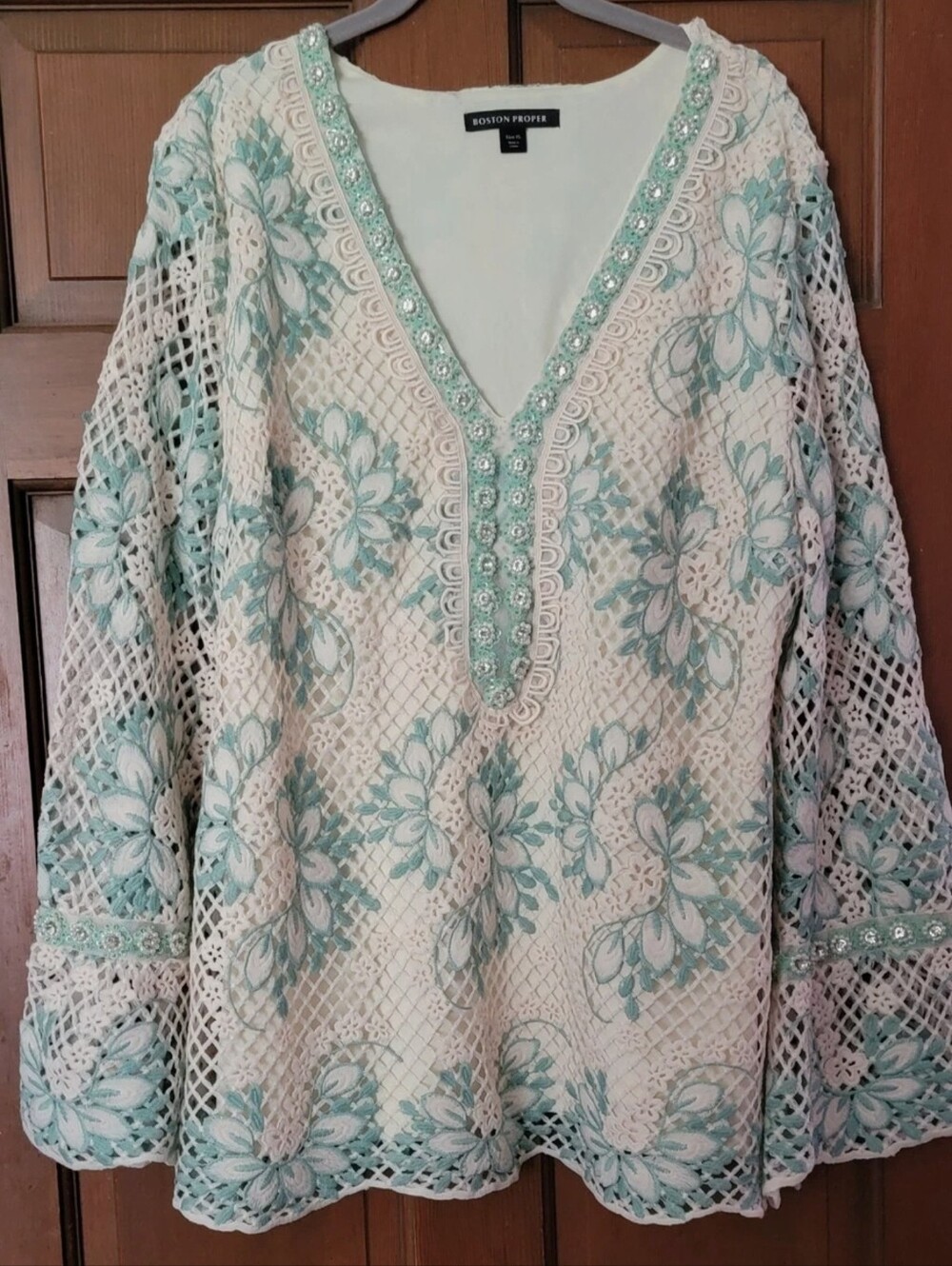 New top blouse tunic L XL lace rhinestone white teal floral Boston Proper $265